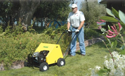 The Plugr PL850 Pro HD Turf Aerator from SourceOne is designed to reduce operator fatigue on uphill grades, loose soils and highly cushioned turf.