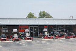 Clay uses the exterior of the store to showcase his larger outdoor power equipment. Financing and sale signs with font visible from the road entice passersby.