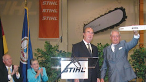 From left: Fred Whyte, president of Stihl Inc.; Meyera Oberndorf, mayor of Virginia Beach; Peter Mueller, executive vice president of operations for Stihl Inc.; Hans Peter Stihl, chairman of the supervisory board of Stihl AG.