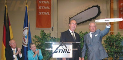 From left: Fred Whyte, president of Stihl Inc.; Meyera Oberndorf, mayor of Virginia Beach; Peter Mueller, executive vice president of operations for Stihl Inc.; Hans Peter Stihl, chairman of the supervisory board of Stihl AG.