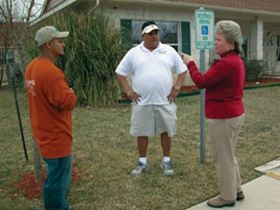 Loyal customers such as Rick Dean of Creston Ridge and Pam O'Banion of Alpha Barnes (pictured) have helped Certified Lawn & Landscape kick-start sales growth. At right is Jon Zertuche, with son-in-law Jon Oyervides on the left.