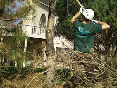 Tree care work presents many electrical hazards. Be sure to keep all tools and equipment at least 10 feet away from overhead power lines. (Photo courtesy of Barbara Mulhern and Wachtel Tree Science & Service.)