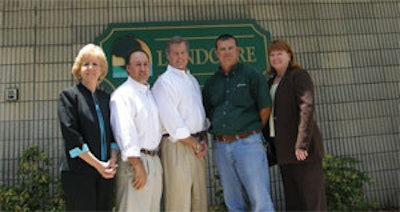 The Landcare team (left to right): Office manager Linda Yochim; V.P. of sales, marketing and client relations Jerry Roque; company president K.C. Fisher; general manager Richard Ellis; and chief financial officer Debra Morgan. Missing is administrative assistant Kelley Sadlowski.