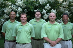 The Elizabeth River Lawn & Landscape management team. Back row left to right: Chris Gonzales, Jason Fawcett, John Fremont. Front row left to right: David Hartung, Chris Wilson. Not pictured: Tyler Hill and TJ Moore.