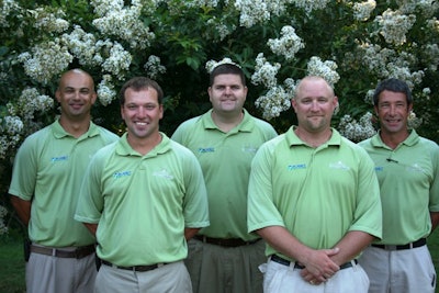 The Elizabeth River Lawn & Landscape management team. Back row left to right: Chris Gonzales, Jason Fawcett, John Fremont. Front row left to right: David Hartung, Chris Wilson. Not pictured: Tyler Hill and TJ Moore.