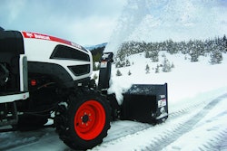 In the case of Bobcat’s front-mounted snowthrowers, the company says a lift kit and PTO kit are required to mount to the tractor. Then, the tractor’s front-end loader, tractor grille guard or front weight kit, if present, need to be removed. However, loader mounts do not need to be removed. The snowthrower and lift kit are then fastened together by two quick-release pins, allowing for attachment/removal in minutes.