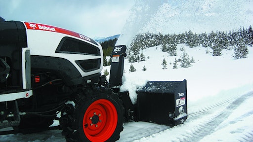 In the case of Bobcat’s front-mounted snowthrowers, the company says a lift kit and PTO kit are required to mount to the tractor. Then, the tractor’s front-end loader, tractor grille guard or front weight kit, if present, need to be removed. However, loader mounts do not need to be removed. The snowthrower and lift kit are then fastened together by two quick-release pins, allowing for attachment/removal in minutes.