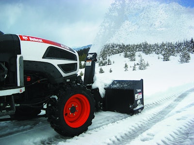 In the case of Bobcat’s front-mounted snowthrowers, the company says a lift kit and PTO kit are required to mount to the tractor. Then, the tractor’s front-end loader, tractor grille guard or front weight kit, if present, need to be removed. However, loader mounts do not need to be removed. The snowthrower and lift kit are then fastened together by two quick-release pins, allowing for attachment/removal in minutes.