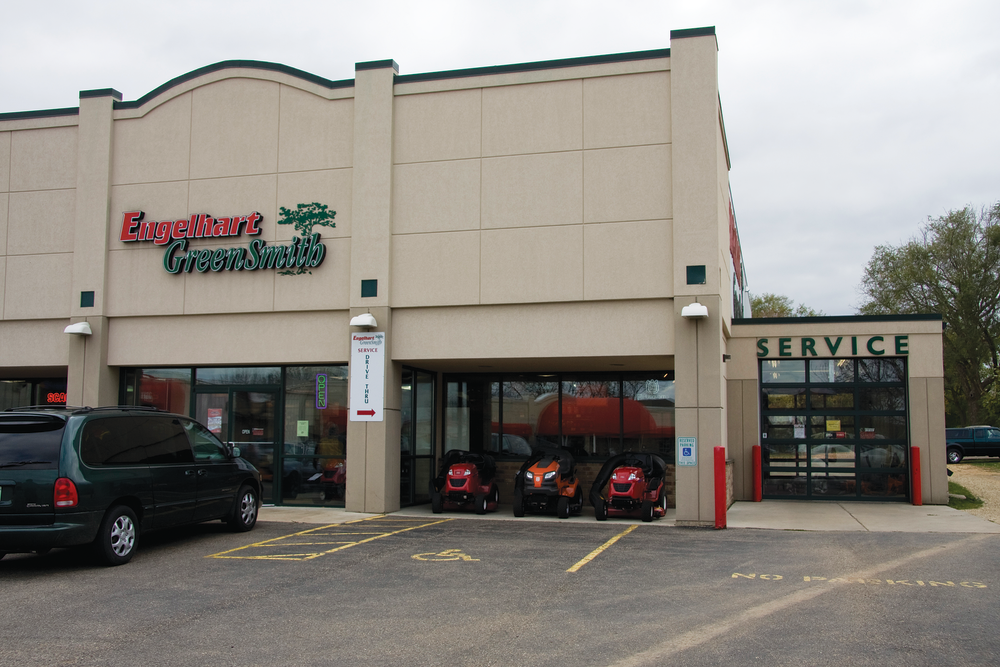 The original service department featured a pull-through bay. To keep commercial customers happy, one was added to the side of the building next to the power equipment shop.