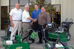 Schiller welcomes Billiou’s Inc. as distribution partner for the BOB-CAT and Ryan brands. From left to right: Wayne Stimson (controller, Billiou’s), Bertil Albing (sales manager, Schiller), Justin Billiou (operations manager) and John Billiou (president).