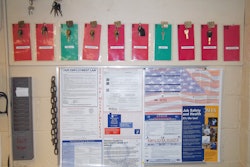 Each truck has a hook and notification card; green means 'fuel it' while red means 'don’t fuel it'.