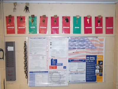 Each truck has a hook and notification card; green means 'fuel it' while red means 'don’t fuel it'.