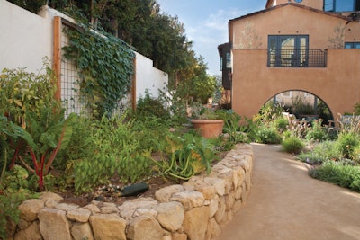 At Victoria Garden Mews in Santa Barbara, CA, the shared vegetable garden and 30 fruit trees provide fresh produce to the residents, along with a place for social interaction.