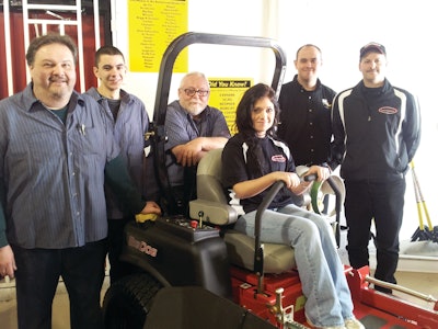 The staff at Pro-Mower & Snow Equipment from left to right: John Agostini (co-owner and service manager), Sean (service coordinator), Larry (service advisor-warranty advocator), Nikki (service writer and advisor), Mark (parts), and co-owner Mike Agostini.