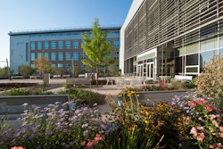 Colorful native landscape surrounds eastern plaza seating and circulation areas at National Renewable Energy Lab (NREL) Research Support Facility.