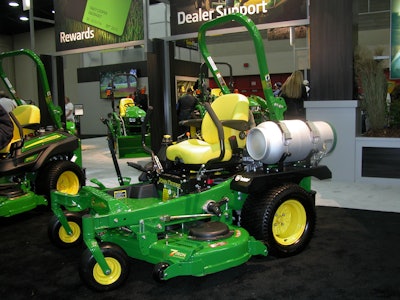 John Deere featured a propane-powered ZTrak riding mower in its GIE+EXPO 2013 indoor booth.