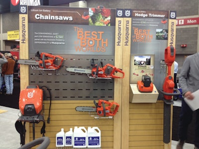 Several new battery-powered products were on display in Husqvarna’s booth at GIE+EXPO.