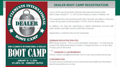 Bob Clements International Inc Dealer Boot Camp Registration
