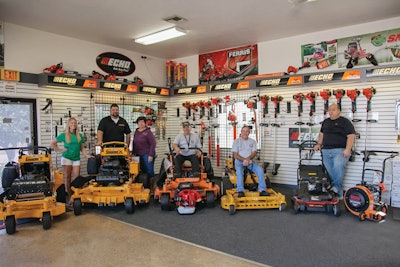 The team at ABC Lawn Equipment (from left to right): Lisa Cooley, accounting; Ray Harney, owner and general manager; Rita Harney, owner; Butch Stephenson, head 4-cycle mechanic; Leroy Hauser, head 2-cycle mechanic; Craig Simpson, service manager