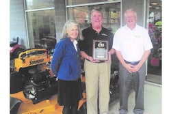 Norfolk Power Equipment Sales Manager Freddy Noonan (center) accepts the New England Dealer of the Year award from Wright Manufacturing Regional Sales & Marketing Manager Judith Ross (left) and EDM Distributors Territory Manager Bill Stantial (right).