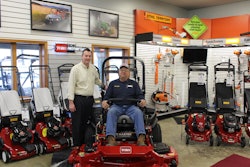 Mike Curless from Toro dealership Ruim Equipment in Lowell, IN, presented the Z Master zero-turn mower to Mark Pfeifer, grounds foreman for Hyles-Anderson College in Crown Point, IN.