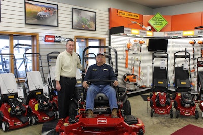 Mike Curless from Toro dealership Ruim Equipment in Lowell, IN, presented the Z Master zero-turn mower to Mark Pfeifer, grounds foreman for Hyles-Anderson College in Crown Point, IN.