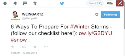 Weingartz, a five-location dealership in Michigan, makes good use of social media like Twitter to converse with customers, promote dealership specials, and offer timely lawn care and snow-related tips.