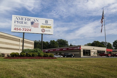 Outside of American Pride Power Equipment, with a view of Dodson's eye-catching American flag.