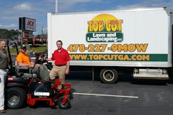 From left: Gene Mobley, Jerry Pate Company (Toro distributor); Kevin Kirby, Top Cut Lawn and Landscaping LLC; Jon Richardson, The Toro Company