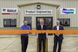 Rich Goldsbury, president of Bobcat and Doosan North America and Oceania (middle) was recently joined by Gwinner Mayor Dan McKeever (left) and members of the Gwinner City Council for a ribbon cutting ceremony at the Gwinner engineering facility. The renovation project is part of an ongoing investment to help enhance work environments, accommodate growth , drive innovation and improve operations across the organization.
