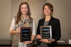 Oklahoma State University bachelor's level student Abigail Arthaud (left) and University of Minnesota master’s level student Sharon Perrone (right) after being presented with Syngenta Agricultural Scholarship national winner plaques.