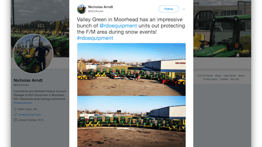 Nick Arndt, an account manager at RDO Equipment, uses Twitter to showcase his customers and the equipment solutions he’s able to provide, like this tweet.