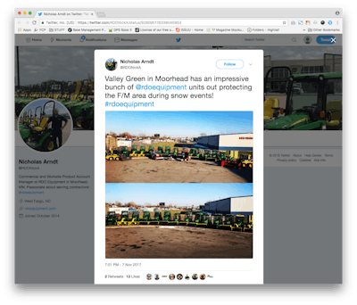 Nick Arndt, an account manager at RDO Equipment, uses Twitter to showcase his customers and the equipment solutions he’s able to provide, like this tweet.