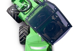 An articulated compact loader consists of two separate front and rear halves joined in the middle.