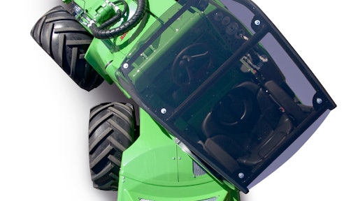 An articulated compact loader consists of two separate front and rear halves joined in the middle.