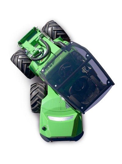 An articulated compact loader consists of two separate front and rear halves joined in the middle.