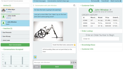 Pictured is an example of what a customer service agent sees when using Quiq. The left-hand column is the message queue, prioritized by how quickly a given customer is responding back. In the middle is the conversation in progress. The right-hand column shows integration with third-party customer relationship management software.