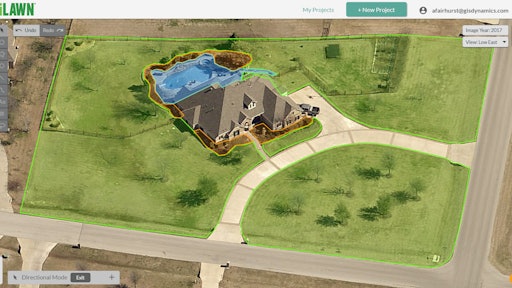 Go iLawn’s high-resolution aerial imagery is available in five views: vertical, North, South, East (shown) and West.