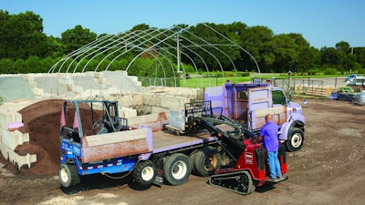 Toro’s TXL 2000 features a unique telescoping arm. When fully telescoped and raised, it can reach 123 inches high—plenty of clearance to dump materials over a standard dump truck.