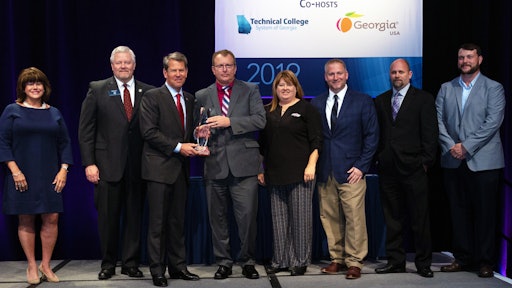 At a luncheon on April 18, Briggs & Stratton's Statesboro, GA facility was recognized as the 2019 Medium Manufacturer of the Yea. Above, from left to right state officials present plant representatives with the award. From left, they are: Amy Carter, Deputy Commissioner for Rural Georgia Initiative with Georgia Department of Economic Development; Technical College System of Georgia Commissioner Matt Arthur, Georgia Gov. Brian Kemp, James Suchovsky, Statesboro plant manager of Briggs & Stratton, Amanda See, human relations manager, and other Briggs & Stratton employees.