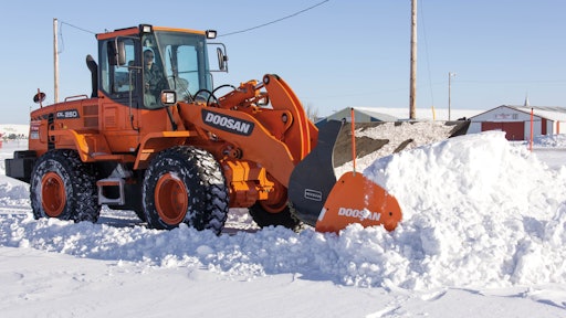 Make sure snow pusher attachments interfacing with a bucket are properly secured prior to use.