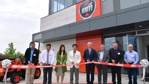 KIOTI officials gathered for the ribbon-cutting ceremony at the new distribution center in Canada. From left they are: Martin Pare, Les Distributions Payeur, Inc. KIOTI dealer; Peter Dong-Kyun Kim, president and CEO of Daedong-USA, Inc. KIOTI Tractor Division; Hee Eun Kim, wife of Jun Sik Kim; Jun Sik Kim, chairman, Daedong Industrial Co., Ltd.; Tae-in Chung, Consul General to South Korea; David Wojcik, Mississauga Board of Trade, president & CEO; George Carlson, City of Mississauga-Ward 11 representative; Yvon Gagnon, Equipment’s G. Gagnon, Inc., KIOTI dealer.