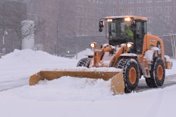 Leighton A. White, Inc., of Milford, N.H., uses a Hyundai HL940 wheel loader to plow the parking lots at Concord Hospital during a heavy snowstorm.
