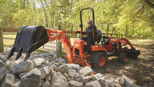 Compact tractors can help landscape contractors generate revenue all year round, be it mowing and maintenance, site prep, hardscaping, aerating, spraying or snowplowing, among other common tasks. Pictured is Kioti’s CS2510.