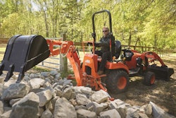 Compact tractors can help landscape contractors generate revenue all year round, be it mowing and maintenance, site prep, hardscaping, aerating, spraying or snowplowing, among other common tasks. Pictured is Kioti’s CS2510.