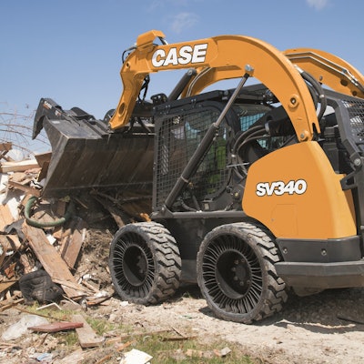 The Michelin X Tweel SSL provides outstanding stability and enables a skid steer loader to work rapidly with more comfort for the operator, reducing driver fatigue while improving productivity. The unique energy transfer within the high-strength poly-resin spokes reduces the “bounce” associated with pneumatic tires.