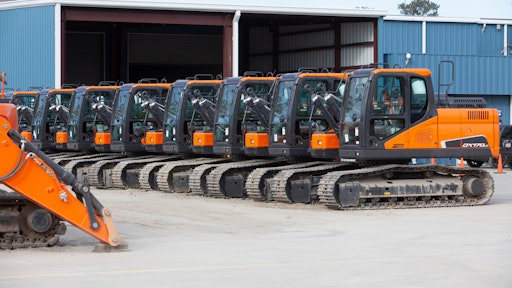 Doosan excavators are prepped for final assembly at a new customization plant in Savannah, Georgia. The customization plant allows Doosan to provide machines sooner to Doosan dealers and customers nationwide.