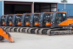 Doosan excavators are prepped for final assembly at a new customization plant in Savannah, Georgia. The customization plant allows Doosan to provide machines sooner to Doosan dealers and customers nationwide.
