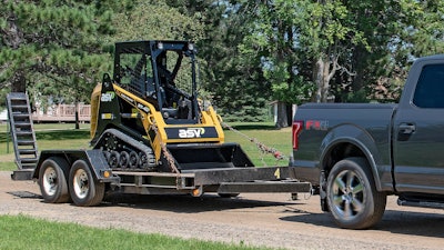 The smallest sit-in compact track loaders’ small size and low weight of about 3,600 pounds or less make them generally easy to transport with a 1/2-ton pickup truck and standard trailer, such as the one pictured here