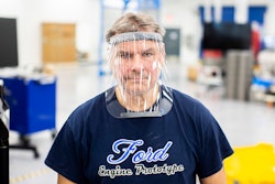 Dave Jacek, 3D printing technical, wears a prototype of a 3D-printed medical face shield printed at Ford’s Advanced Manufacturing Center. Ford Motor Company, joining forces with firms including 3M and GE Healthcare, is lending its manufacturing and engineering expertise to quickly expand production of urgently needed medical equipment and supplies for healthcare workers, first responders and patients fighting coronavirus.
